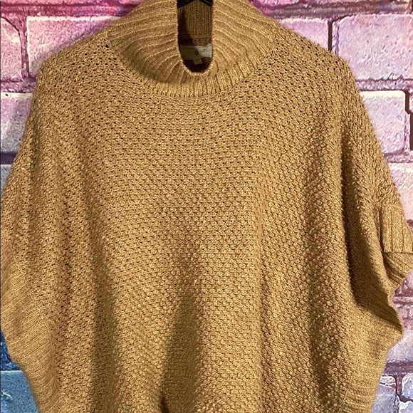 Lou & Grey Tan Mock Neck Poncho Sweater Knit Pullover Oversized Fit XS/S - Picture 3 of 11